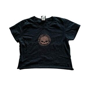 Harley-Davidson Y2K Women’s Rhinestone Skull Black Orange Cropped T Shirt Size M
